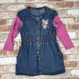 Disney Fairies Tinker Bell Denim Dress Long Sleeve Purple Pink Vintage 2000s Sz6